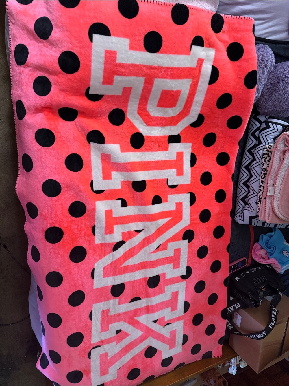 Victoria's Secret Pink and Black Polka Dot Plush Blanket
